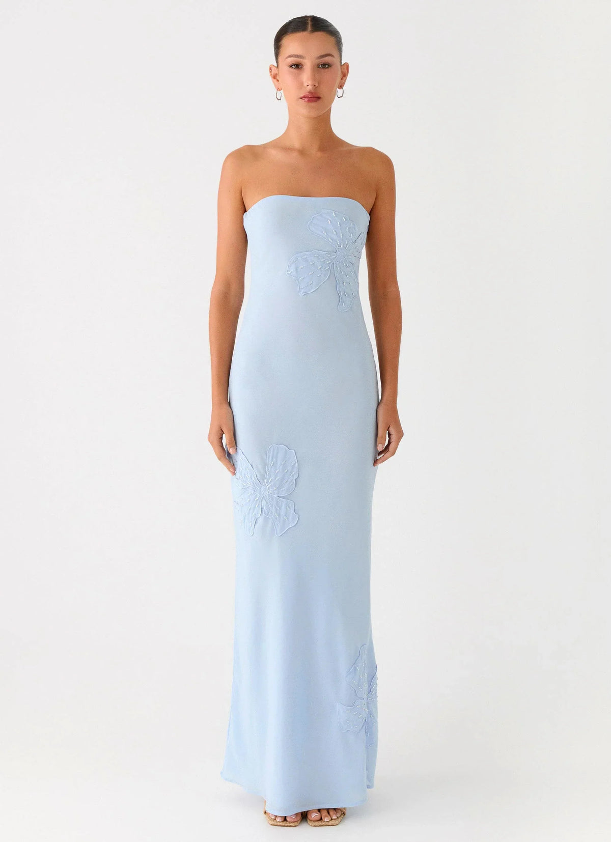 Sassafras Beaded Flower Strapless Maxi Dress - Blue